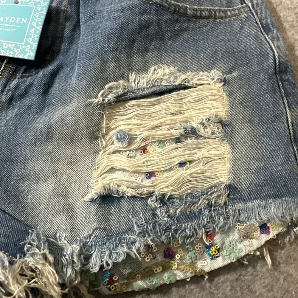 Hayden Womens‎ Medium Wash Distressed Colorful Sequins Festival Jean Shorts Med - Picture 3 of 12